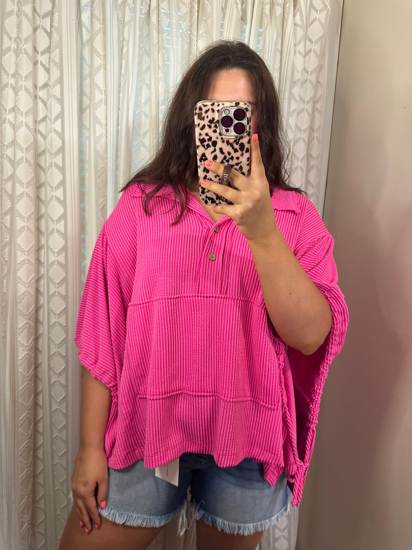 Neon Pink Ribbed Henley Top
