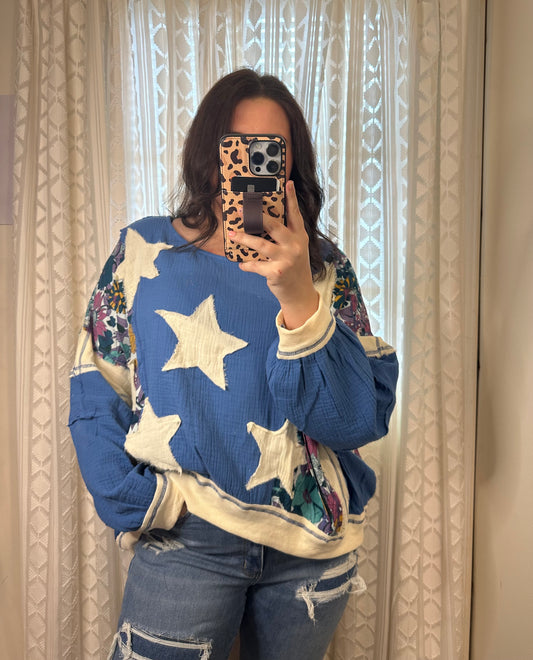 Floral Denim Star Patch Long Sleeve