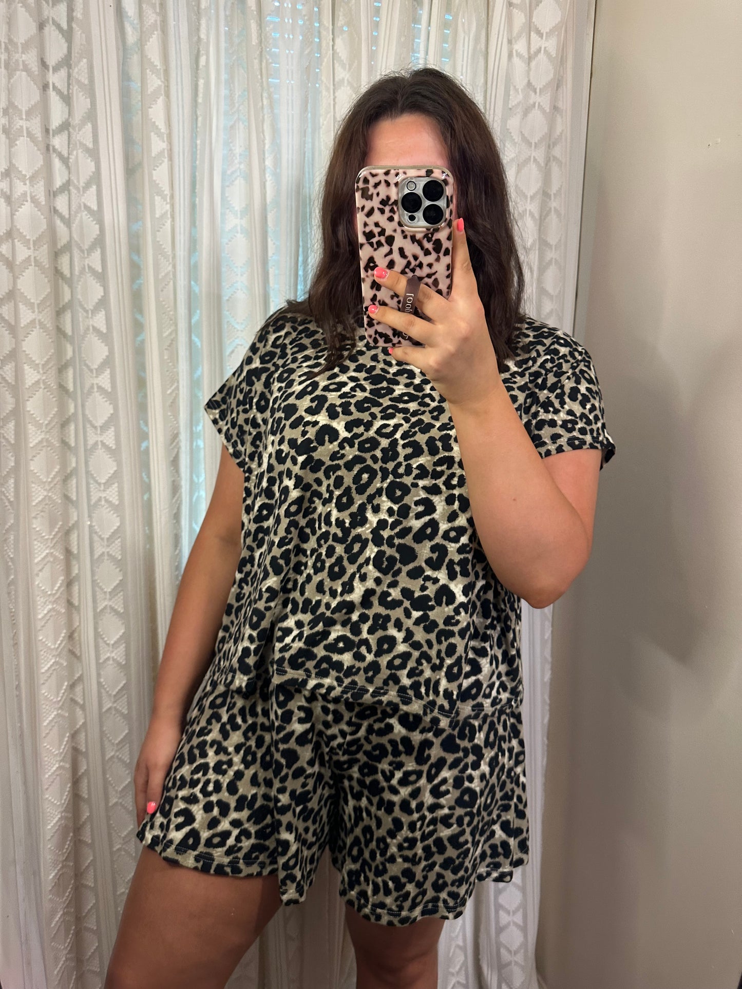 Leopard Knit Top & Flare Shorts Set