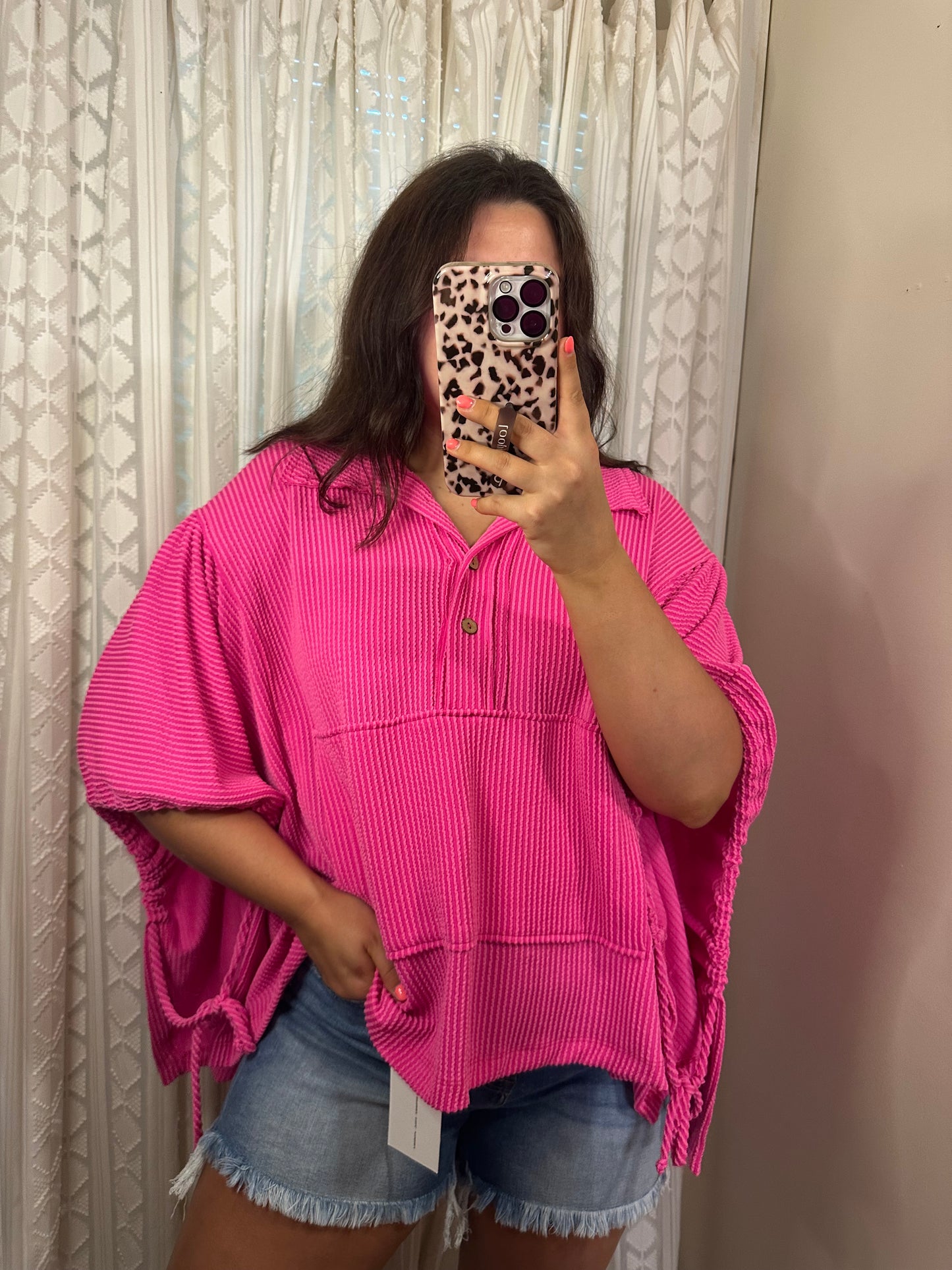Neon Pink Ribbed Henley Top