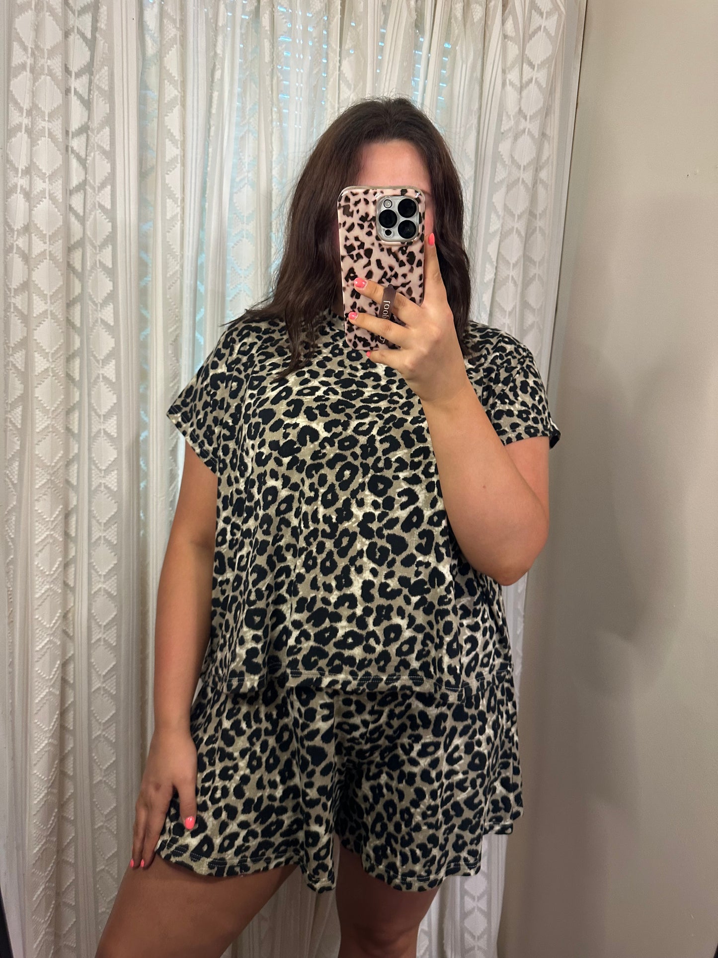 Leopard Knit Top & Flare Shorts Set